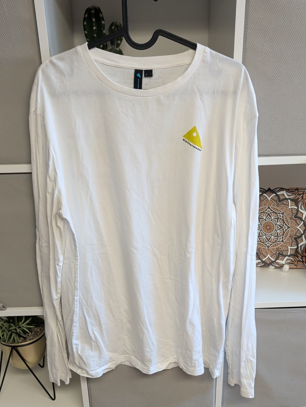 Men's White Long-Sleeve Tee with Yellow Logo Accent
